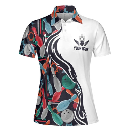 Custom Team White Pattern Colorful Bowling Polo Shirt For Women, Custom Team Bowling Shirt BE0003