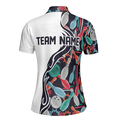 Custom Team White Pattern Colorful Bowling Polo Shirt For Women, Custom Team Bowling Shirt BE0003