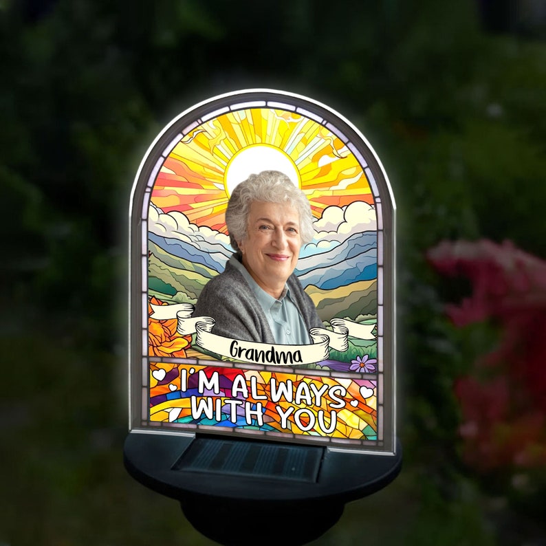 Personalized Photo Stained Glass Memorial Solar Garden Light, In Loving Memory, Memorial Gift For Loss Of Father/ Mother/ Grandma/ Grandpa SGL0001