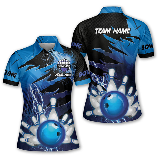 Custom Black And Blue Thunder Team Bowling Polo Shirt For Women, Custom Team Bowling Shirt BW0119