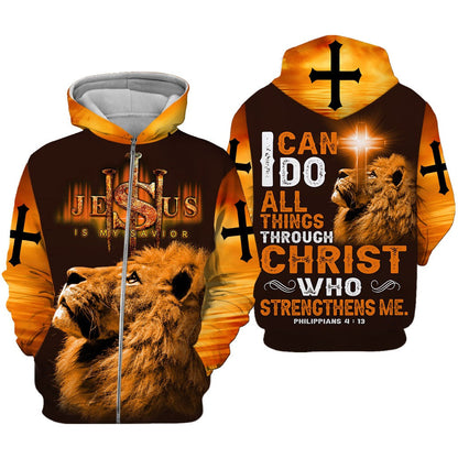 3D All Over Print Jesus And Lion Hoodie Tshirt For Men And Woman I Can Do All Things Through Christ Who Strengthens Me TO0255