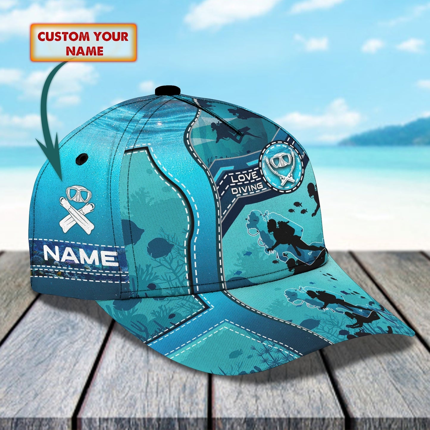 3D Classic Cap Personalized Name Cap Love Diving08 Tendpins CA0713