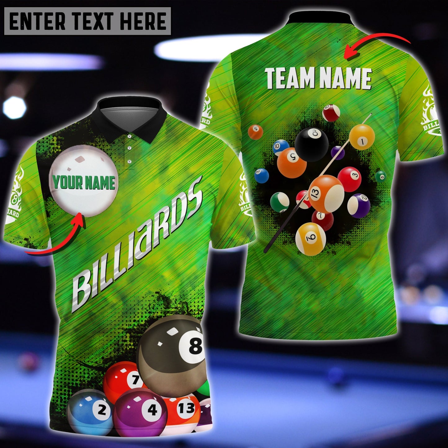 Tendpins Personalized Name Billiard Ball Green Polo Shirt BIA0641