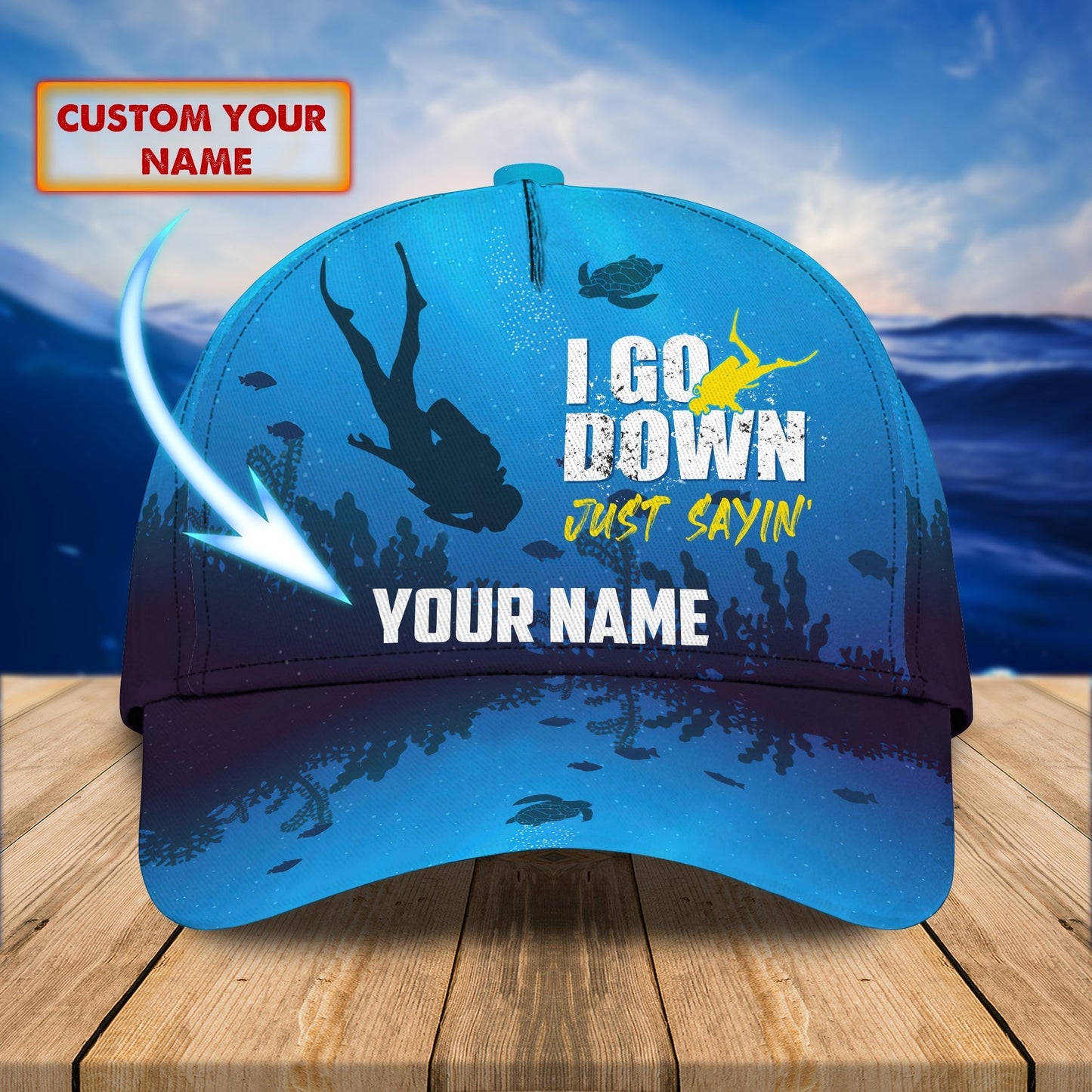 3D Classic Cap Scuba Diving I Go Down Just Saying Personalized Name Cap 10 Tendpins CA2206