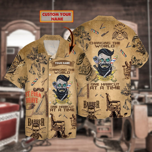 Personalized Barber Skull Hawaiian Shirt, 3D All Over Printed Hawaiian Aloha Beach Shirt For A Barber, Gift For Barber HO5045