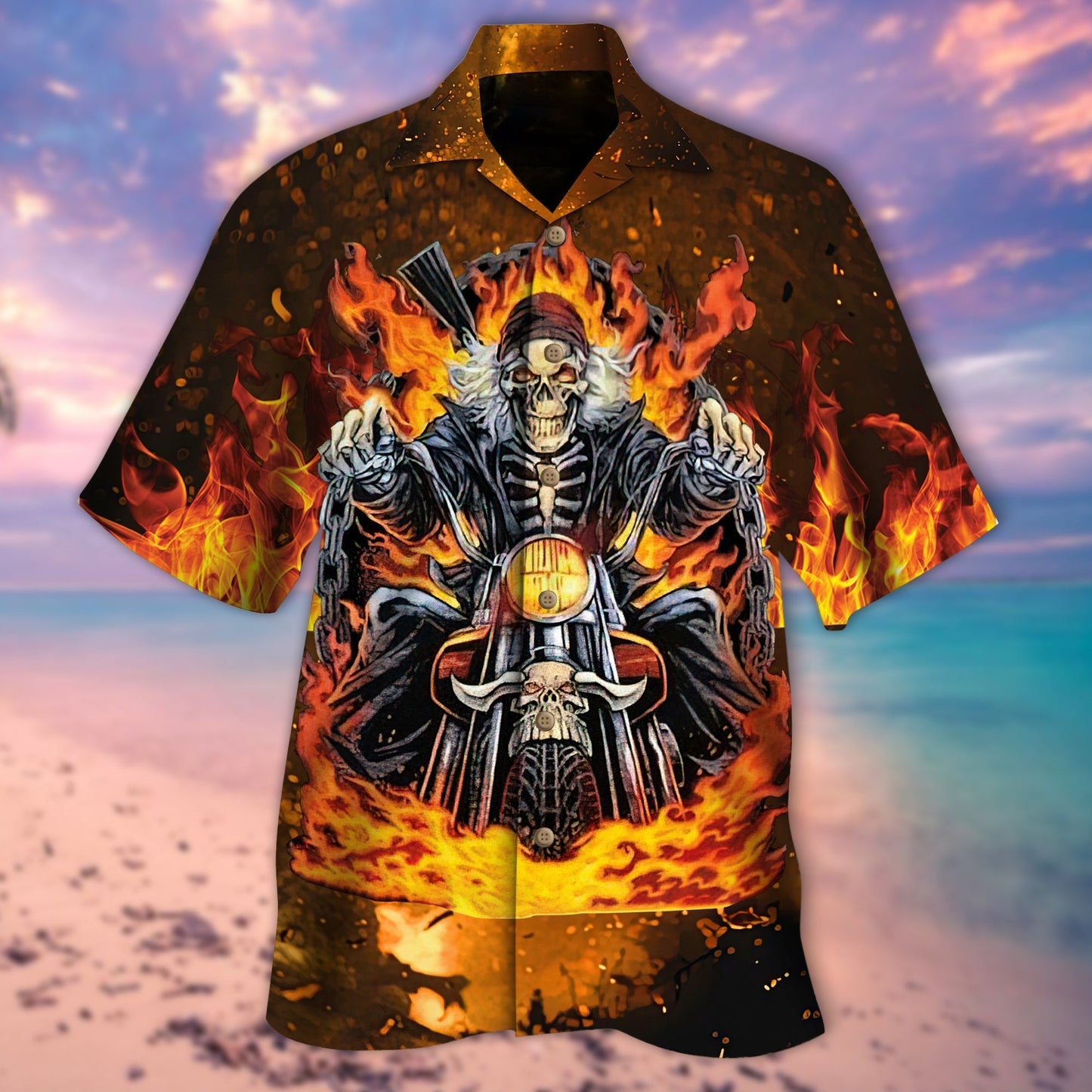 Biker Skull On Fire Hawaiian Shirt, Best Gift For Skull Lovers HO5277