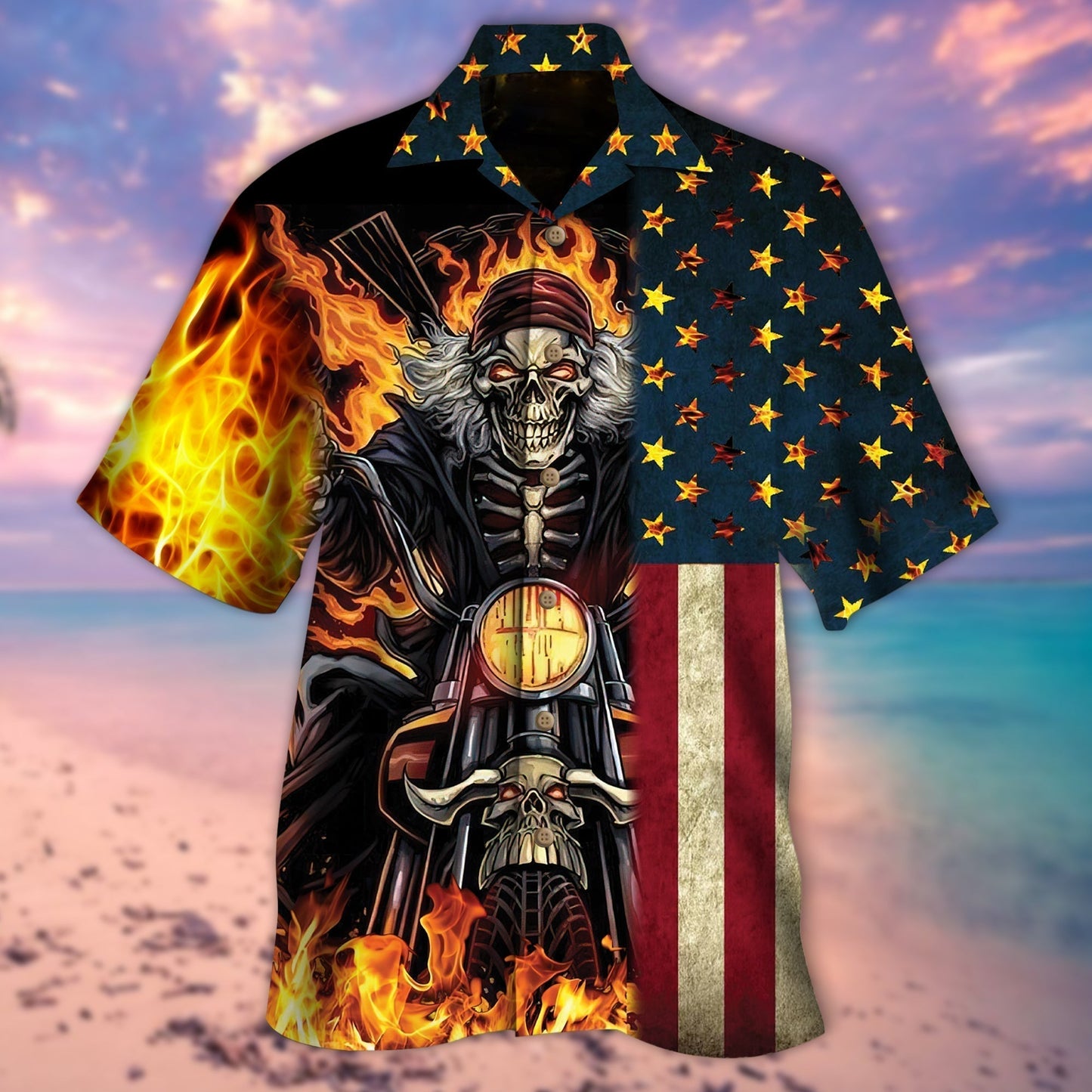 Hawaiian Shirt With Biker Skull United States Flag On Fire Pattern HO5291