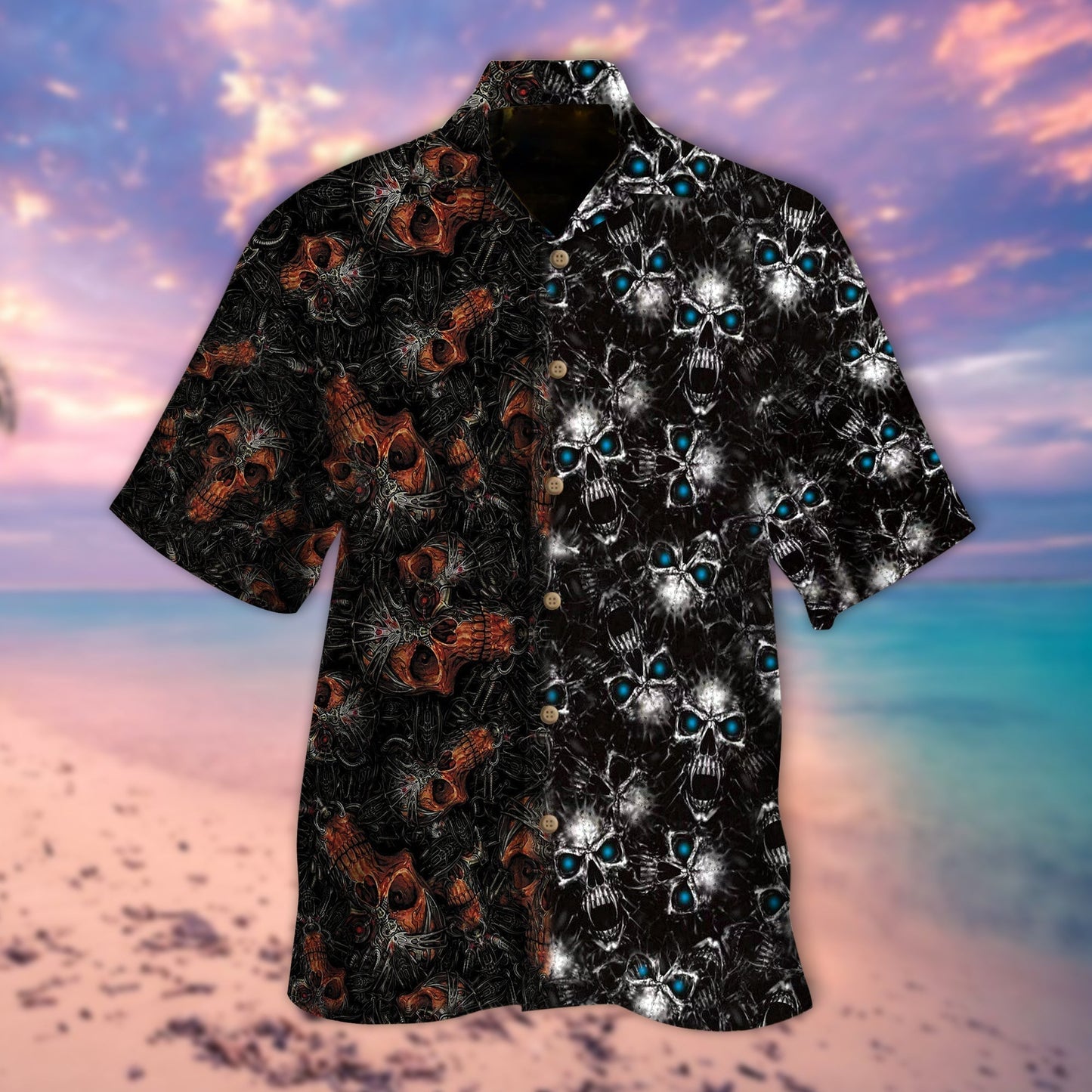 Skull Half Orange Half Blue All Over Printed 3D Hawaiian Shirt HO5290