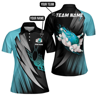 Custom Bowling Shirt Womens, Custom Blue Flame Bowling Polo Shirt For Women, Custom Ladies Bowling Team Shirts BW0126