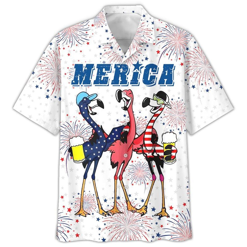 Flamingo Hawaiian Shirt, Full Printed Flamingo Drinking Beer In Usa Flag Happy Independence Day, 4Th Of Jul Gift HO5025