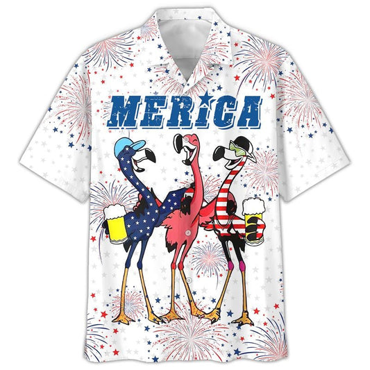 Flamingo Hawaiian Shirt, Full Printed Flamingo Drinking Beer In Usa Flag Happy Independence Day, 4Th Of Jul Gift HO5025