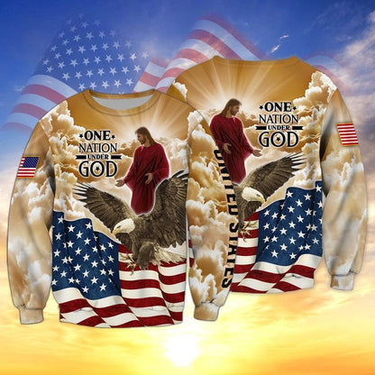 4Th Of July One Nation Under God 3D T Shirt, Independence Day Hawaiian Shirts, Jesu And Eagle 3D Shirts TO0217