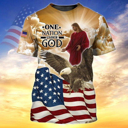 4Th Of July One Nation Under God 3D T Shirt, Independence Day Hawaiian Shirts, Jesu And Eagle 3D Shirts TO0217