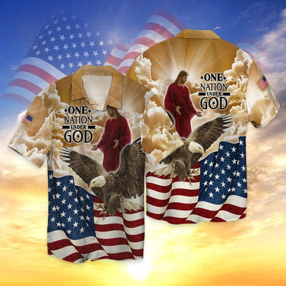 4Th Of July One Nation Under God 3D T Shirt, Independence Day Hawaiian Shirts, Jesu And Eagle 3D Shirts TO0217