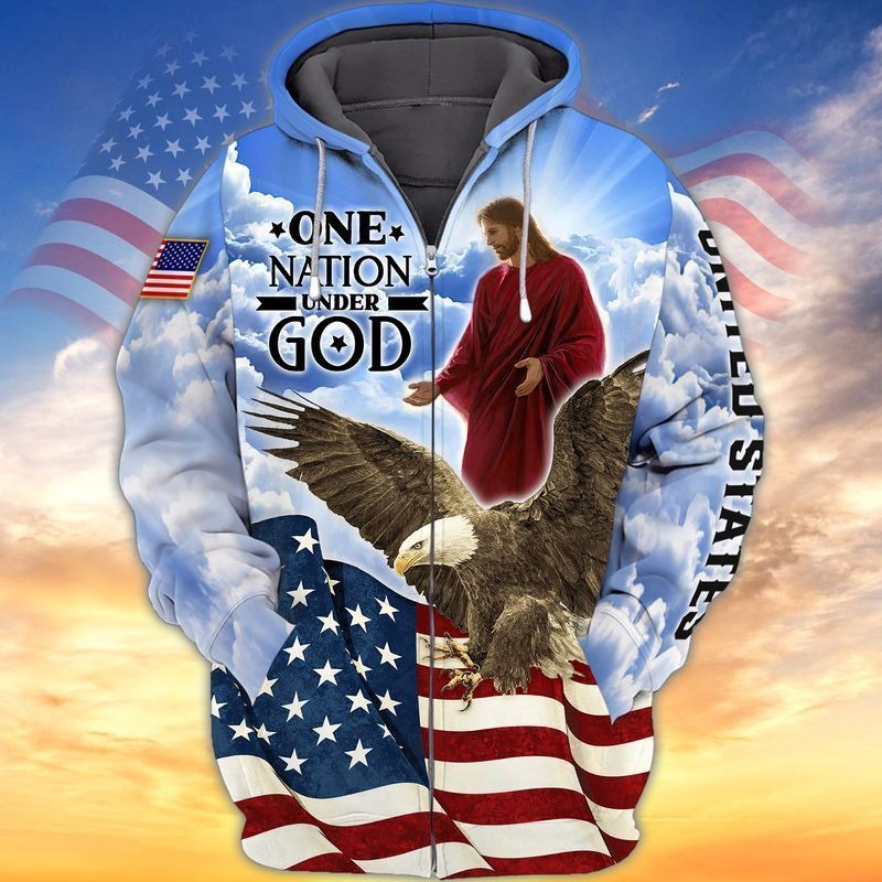 Jesus And Eagle One Nation Under God 3D Full Print Hoodie, 4Th July Independence Day 3D Tee Shirt, Patriotic 3D Bomber TO0211