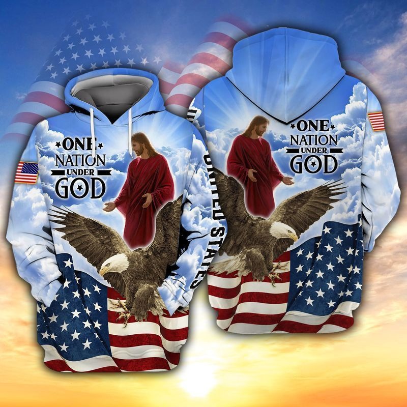 Jesus And Eagle One Nation Under God 3D Full Print Hoodie, 4Th July Independence Day 3D Tee Shirt, Patriotic 3D Bomber TO0211