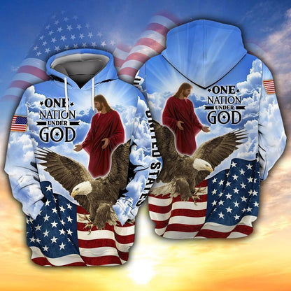 Jesus And Eagle One Nation Under God 3D Full Print Hoodie, 4Th July Independence Day 3D Tee Shirt, Patriotic 3D Bomber TO0211