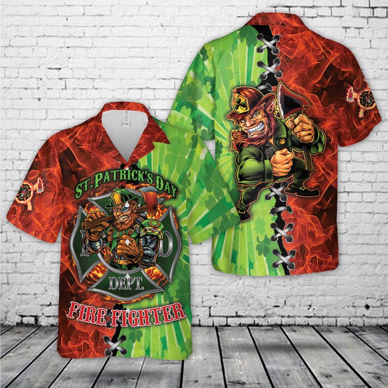 Hawaiian Shirt Gift for Men Dad, Firefighter Saint Patrick's Day Leprechaun Hawaiian Shirt PO0009