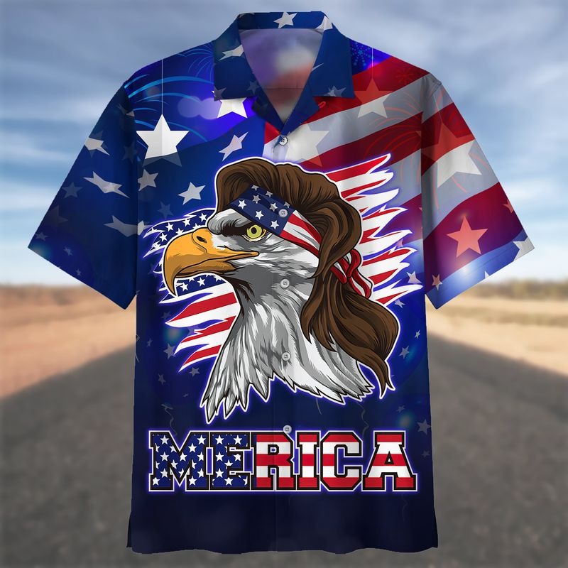 Tendpins Blue Merican Hawaiian Shirt With Eagle, Independence Day Hawaii Aloha Beach Shirt For Father HO5029