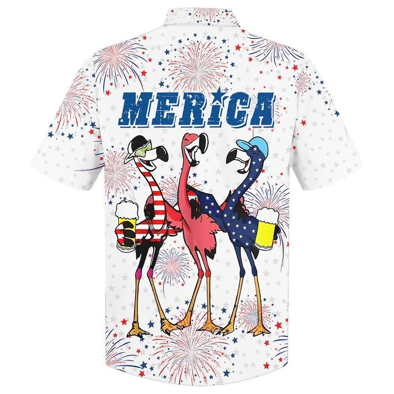 Flamingo Hawaiian Shirt, Full Printed Flamingo Drinking Beer In Usa Flag Happy Independence Day, 4Th Of Jul Gift HO5025