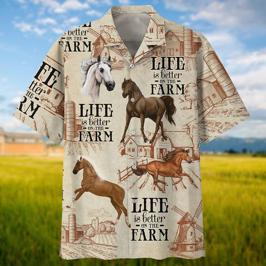 Horse Life Is Better On The Farm 3D Hawaiian Shirt, Horse Hawaiian Shirts, Gift For Horse Lovers HO5126