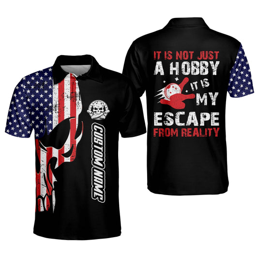 Custom It Is Not Just A Hobby It Is My Escape From Reality Bowling Polo Shirt For Men, Custom American Flag Bowling Shirt Skull BM0063