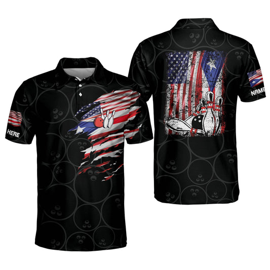 Custom American Flag Black Bowling Polo Shirt For Men, Custom Patriotic Bowling Shirts BM0081