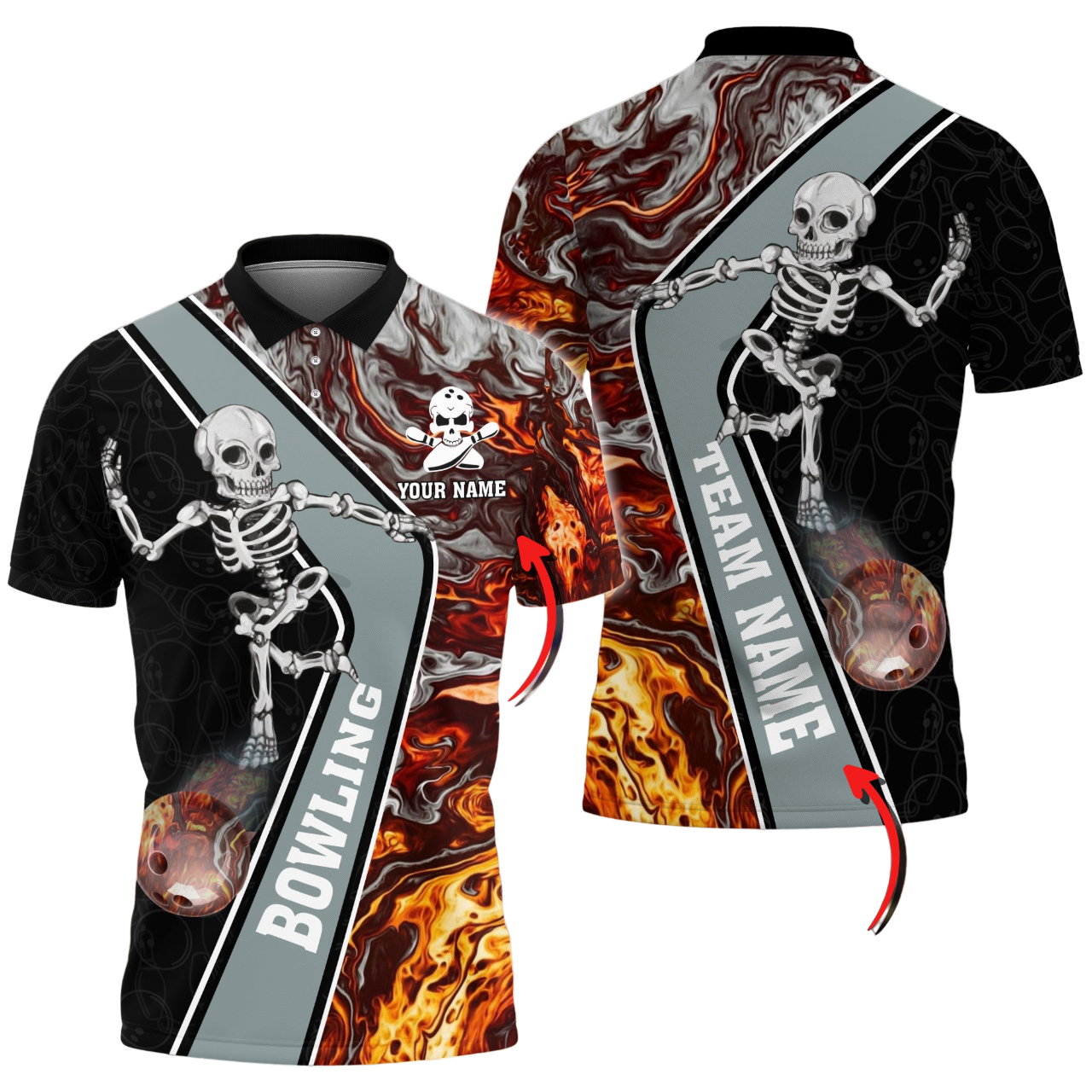 Custom Skull Flame Bowling Polo Shirts BO0336