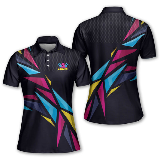 Custom Womens Bowling Shirts, Custom Black Bowling Colorful Polo Shirt For Women BW0002