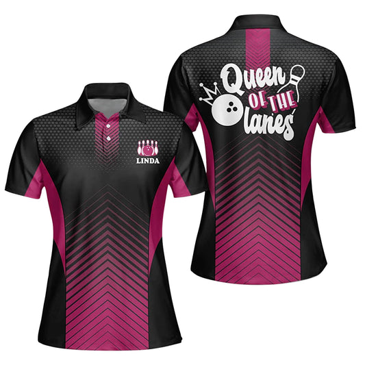 Custom Queen Of The Lanes Bowling Polo Shirt For Women, Custom Pink And Black Funny Bowling Shirt BW0009