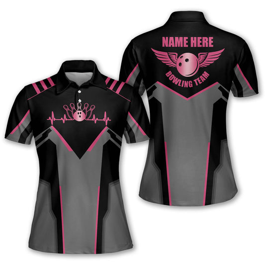 Custom Black And Pink Team Bowling Polo Shirts For Women, Custom Bowling Shirt For Women BW0075