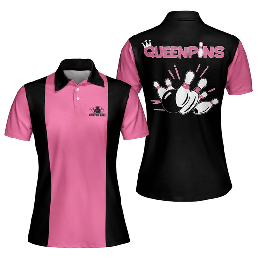 Custom Queen Pins Bowling Polo Shirt For Women, Custom Pink And Black Funny Bowling Shirt BW0050