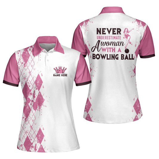 Custom Never Underestimate A Woman With A Bowling Ball Bowling Polo Shirt For Women, Custom White And Pink Funny Bowling Shirt BW0052