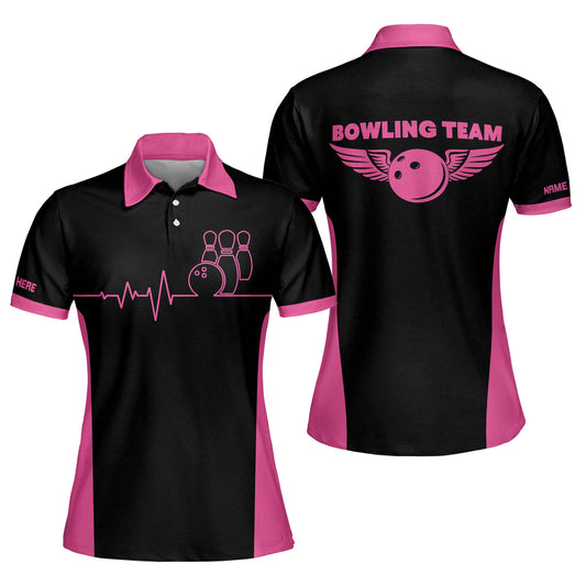 Custom Bowling Shirt For Women, Custom Team Pink And Black Bowling Polo Shirt For Women BW0035