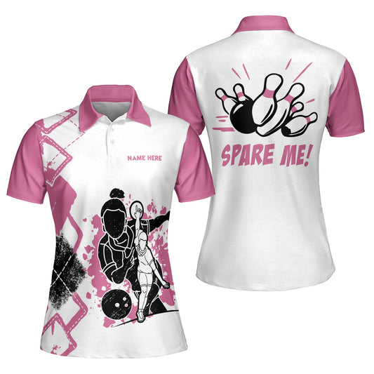 Custom Spare Me Bowling Polo Shirt For Women, Custom White And Pink Funny Bowling Shirt BW0056