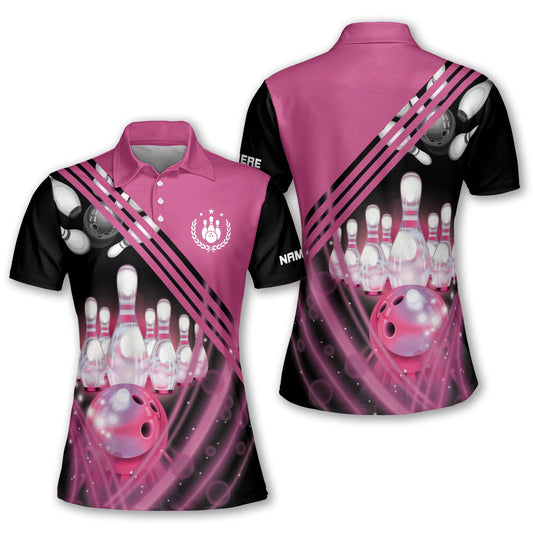 Custom Women Bowling Shirt, Custom Black And Pink Women's Bowling Polo Shirts BW0091