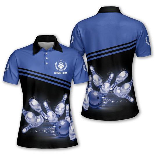 Custom Bowling Shirt For Women, Custom Black And Blue Women's Bowling Polo Shirts BW0092