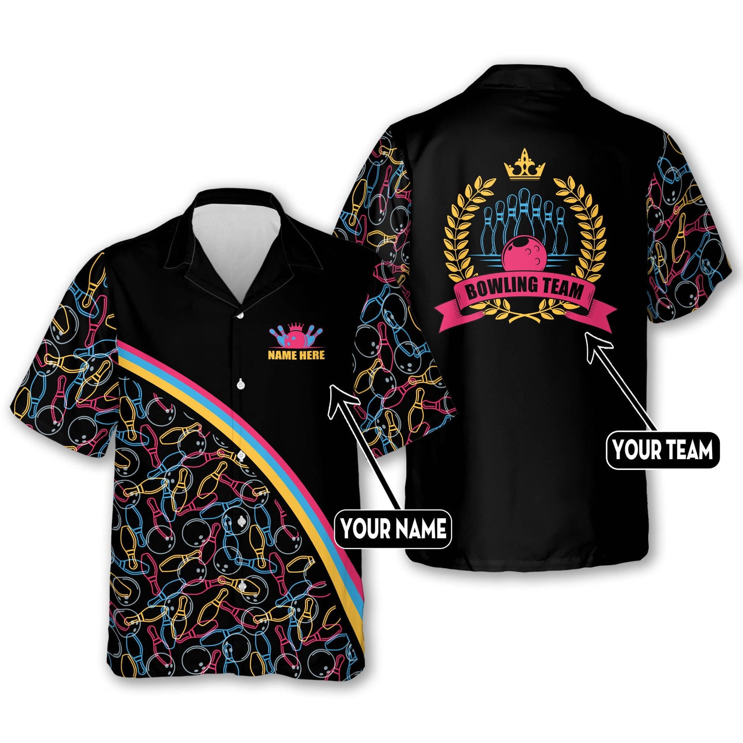 Custom Team Black Bowling Hawaiian Shirt For Women, Custom Women Bowling Shirt HW0170