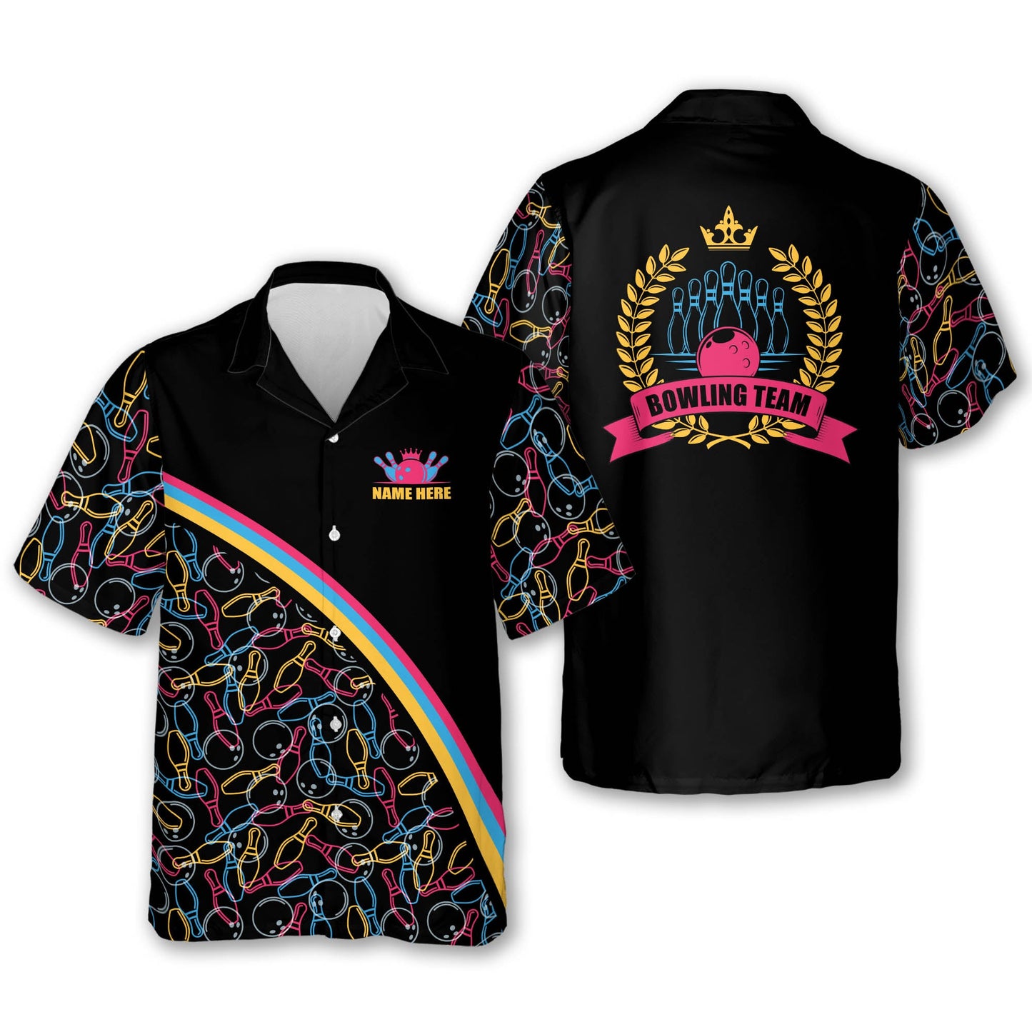 Custom Team Black Bowling Hawaiian Shirt For Women, Custom Women Bowling Shirt HW0170