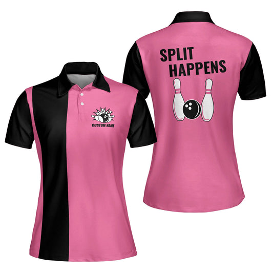 Custom Split Happens Bowling Polo Shirt For Women, Custom Pink And Black Bowling Shirt Funny BW0054