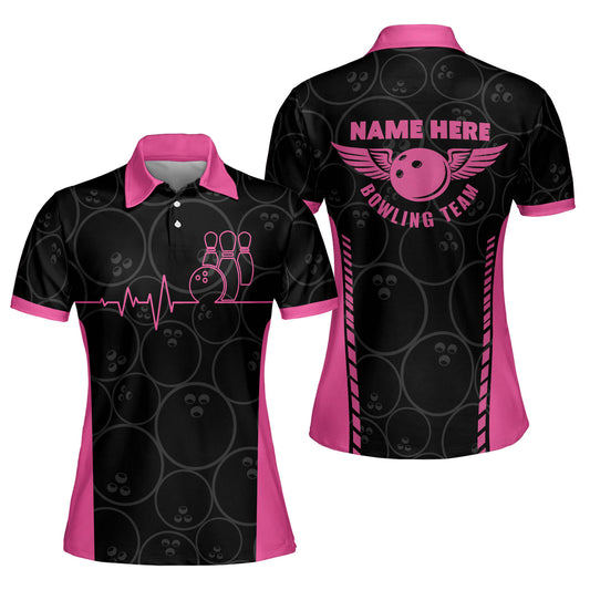 Custom Womens Bowling Shirts, Custom Pink And Black Team Bowling Polo Shirt For Women BW0057