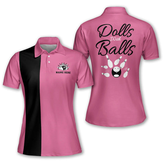 Custom Doll With Balls Bowling Polo Shirt For Women, Custom Funny Pink Bowling Shirt BW0097