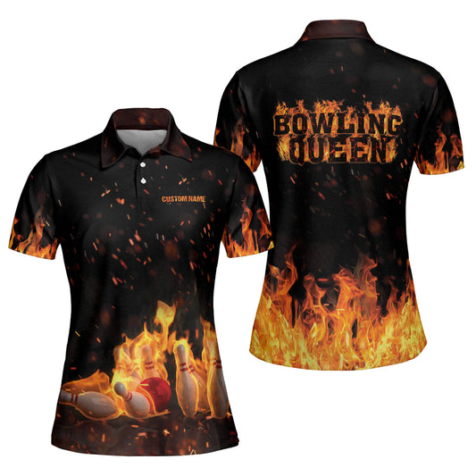 Custom Bowling Queen Polo Shirts For Women, Custom Funny Flame Women Bowling Shirt  BW0032