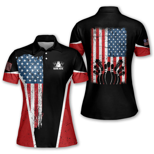 Custom American Flag Bowling Polo Shirt For Women, Custom Patriotic Women Bowling Shirt BW0039