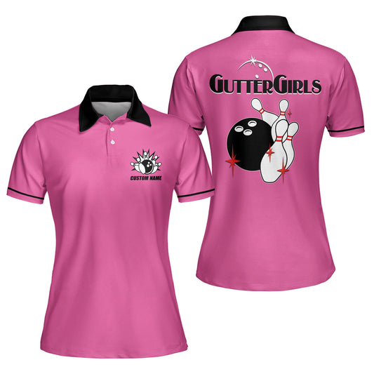 Custom Gutter Girls Bowling Polo Shirt For Women, Custom Women's Pink Funny Bowling Shirts BW0068