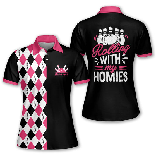 Custom Rolling With My Homies Bowling Polo Shirt For Women, Custom Argyle Bowling Shirt Funny BW0089