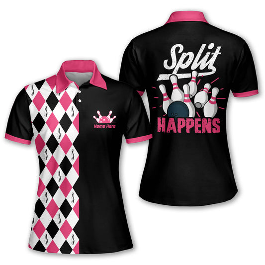 Custom Split Happens Bowling Polo Shirt For Women, Custom Black and Pink Funny Bowling Shirt Argyle BW0090