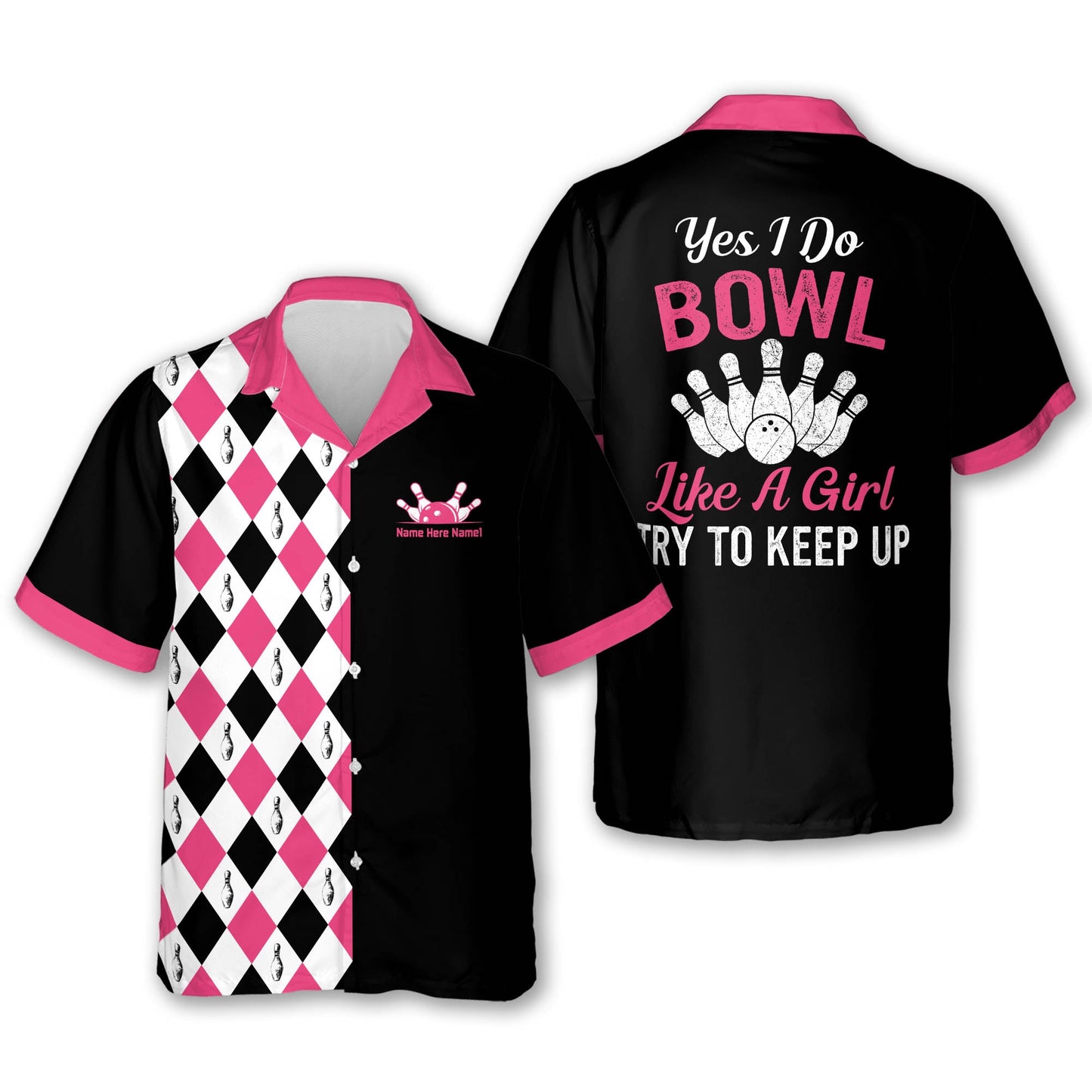 Custom Yes I Do Bowl Like A Girl Try To Keep Up Bowling Hawaiian Shirt For Women, Custom Funny Bowling Shirt Argyle HW0171