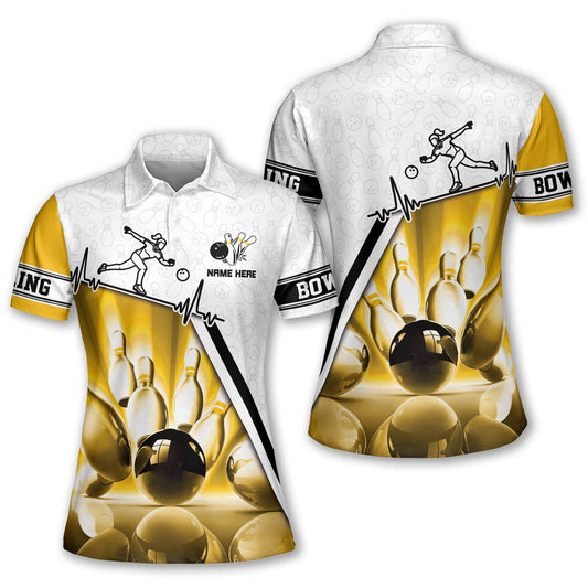 Custom Women Bowling Shirt, Custom White And Yellow Bowling Polo Shirts For Women BW0094