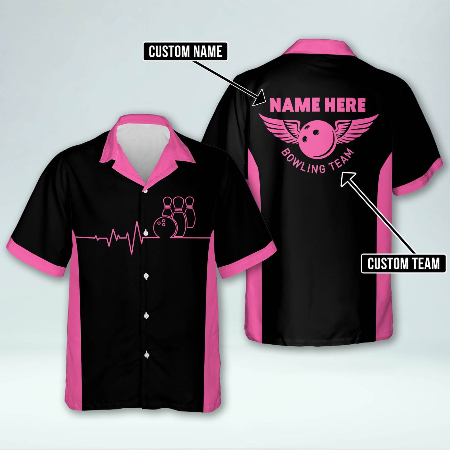 Custom Women Bowling Shirt, Custom Team Black And Pink Bowling Hawaiian Shirts For Women HW0144